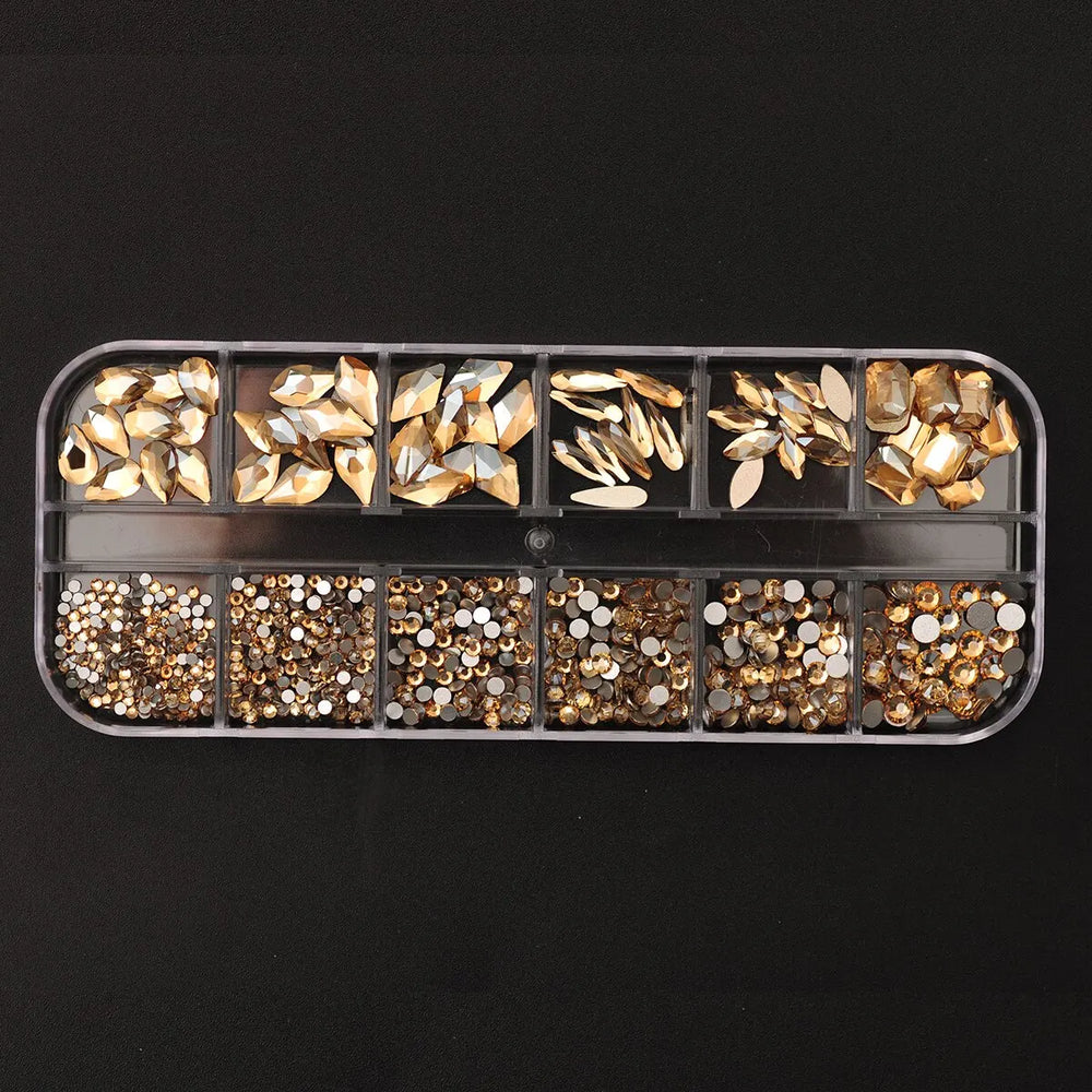 12 Grids Golden Shadow Flatback Rhinestones Glitter Nail Charms Crystal Diamond Nail Art detail view