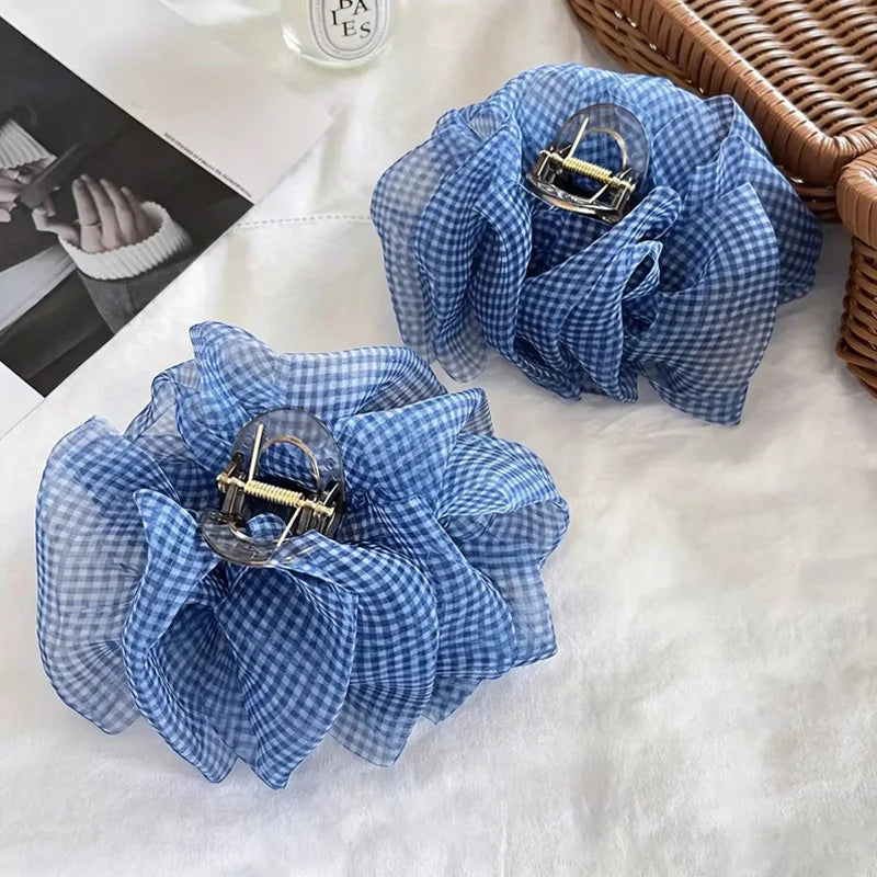 Plaid Blue Seersucker Hair Clip for Woman Elegant Temperament Shark Clip Fashion Girl Back of The Head Ponytail Clip Hair Clamp