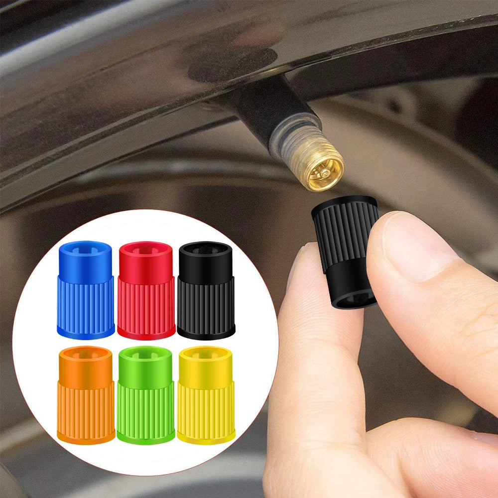 Plastic Tire Valve Caps Built-in Valve Core Remover Tool Universal Stem Covers for Car close-up view