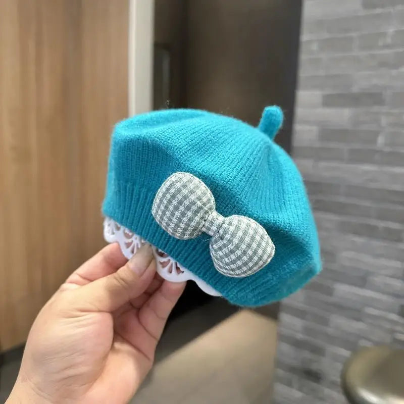 Kids Knitted Beret with Bow | Winter Hat for Baby Girls and Toddlers additional angle