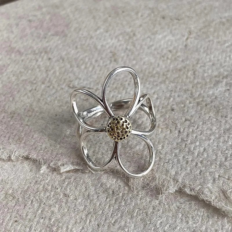 VENTFILLE 925 Sterling Silve Flower Ring for Women Gift Hollow Out Design Retro Hip Hop detail view