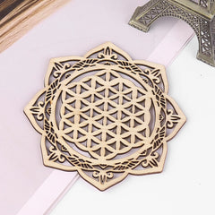 Wooden Chakra Board with Metatron Flower | Laser Engraved Meditation Coaster detail view