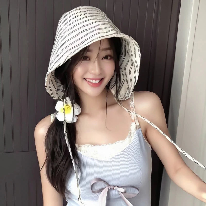 Women's Large Brim Foldable Bucket Hat with Chin Strap | Korean Style Striped Panama alternate view