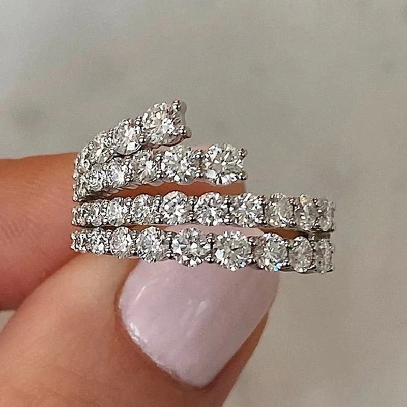 Huitan Simple Stylish Lines Cubic Zirconia Rings Women Silver Color Band Bridal Wedding Accessories