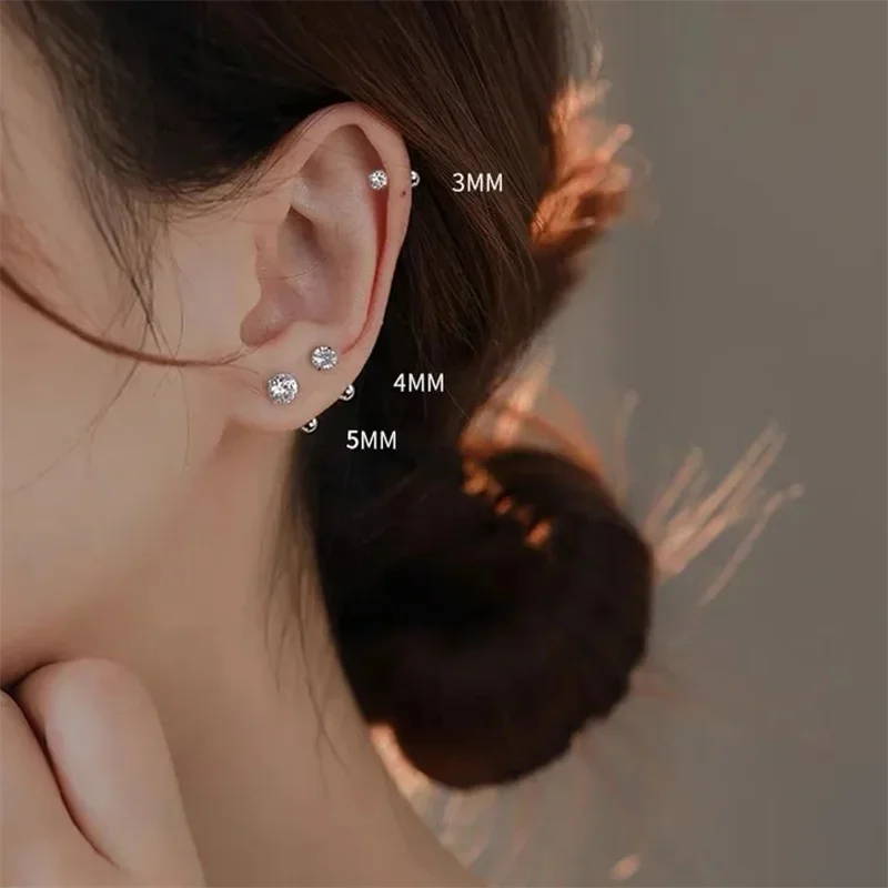 3Pairs Classic Round Zirconia Stud Earrings For Women, Stainless Steel Women's Cartilage detail view