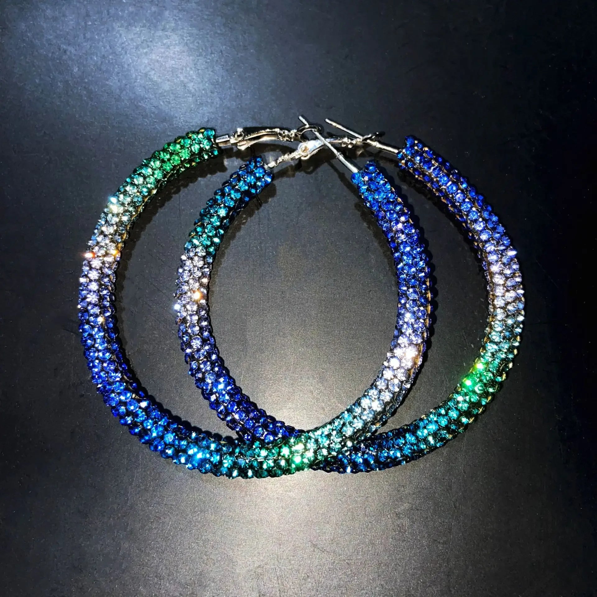 Y2K Blue Crystal Hoop Earrings Korean Fashion Charms Circular Ring Earrings for Women close-up view