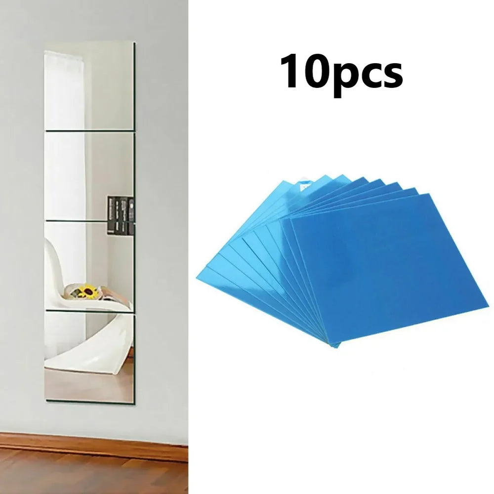 10Pcs 10CM Square Mirror Glass Tile Wall Stickers | Self Adhesive Acrylic Mosaic Home Decor