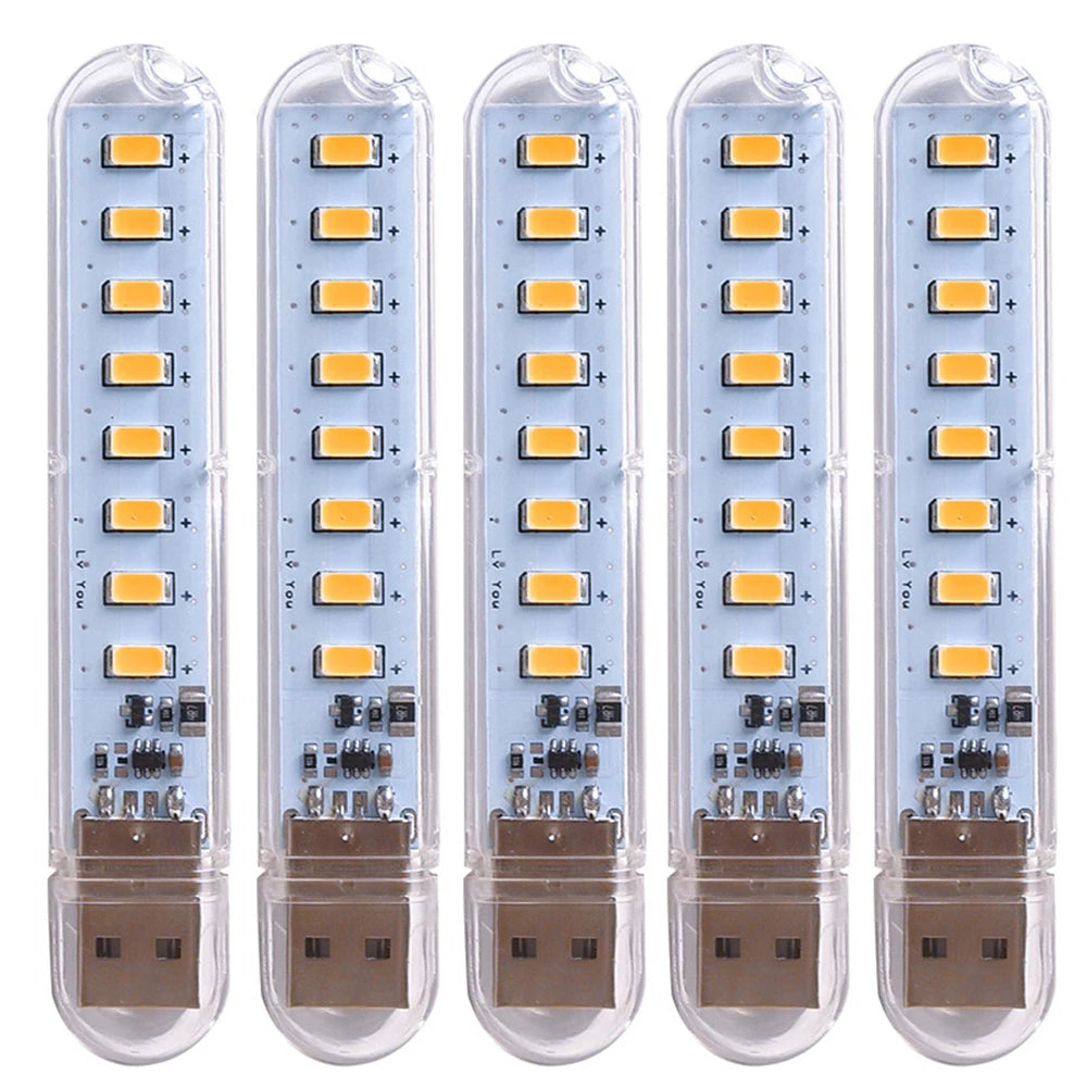 5pcs Portable USB Strip Light Mini Led Warm White Night Lights USB Plug Book Lamp Room Emergency Lighting for Power Bank PC