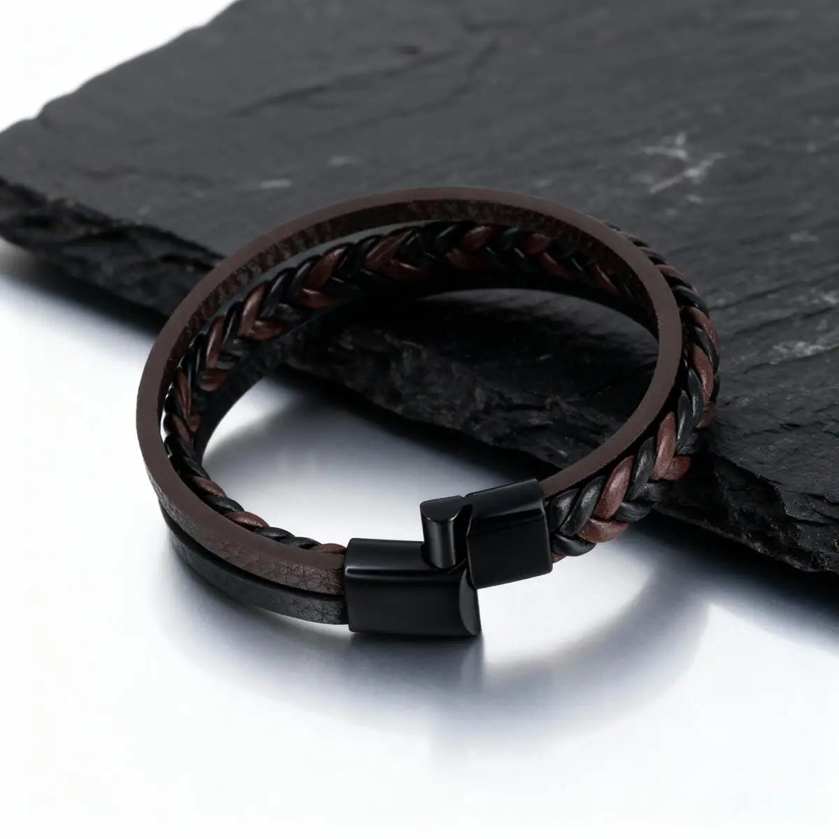 Multi Layer Braided Rope Bracelet for Men | Classic Handmade PU Leather Wristband w additional angle