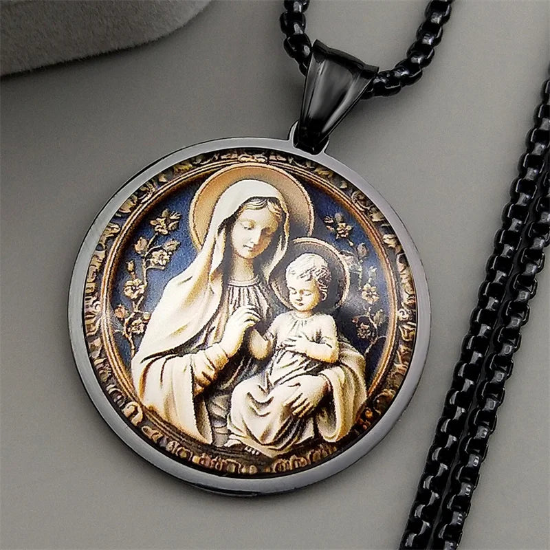 Virgin Mary Hold Baby Jesus Glass Round Medal Pendant Necklace | Gold Stainless Ste additional angle
