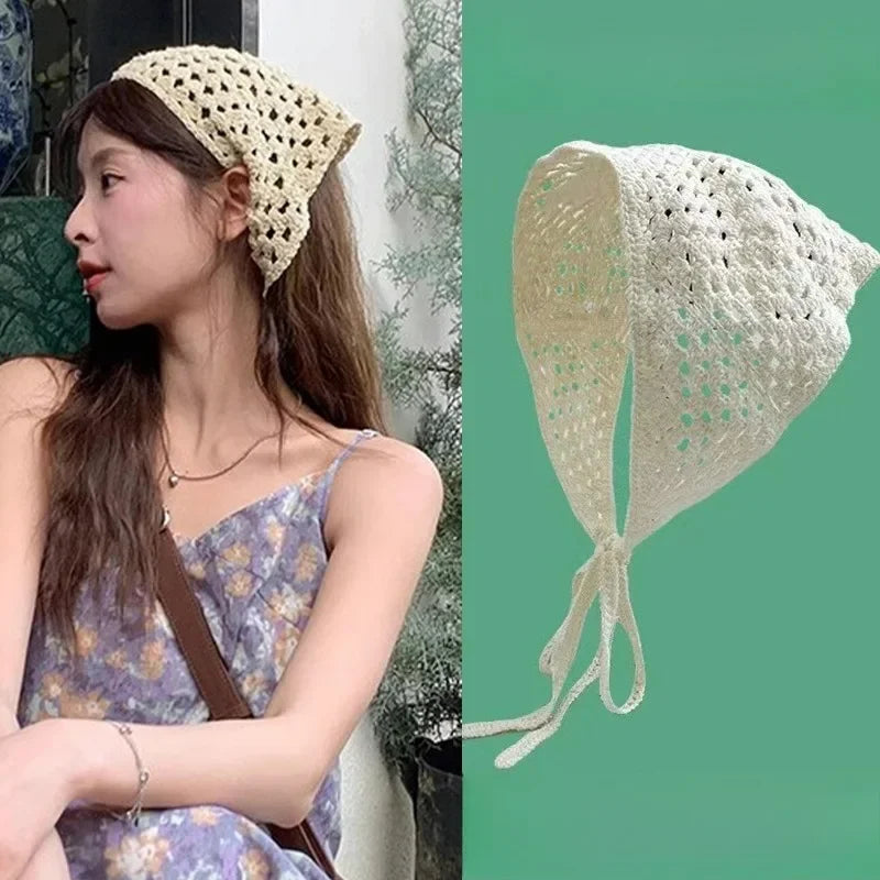 Lace Hollow Out Triangle Hair Scarf Headband Women Girls Cotton Knitted Flower Headban close-up view