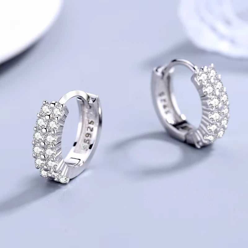 925 Sterling silver elegant Double row crystal Round Earrings Stud for women Fashion Wed detail view