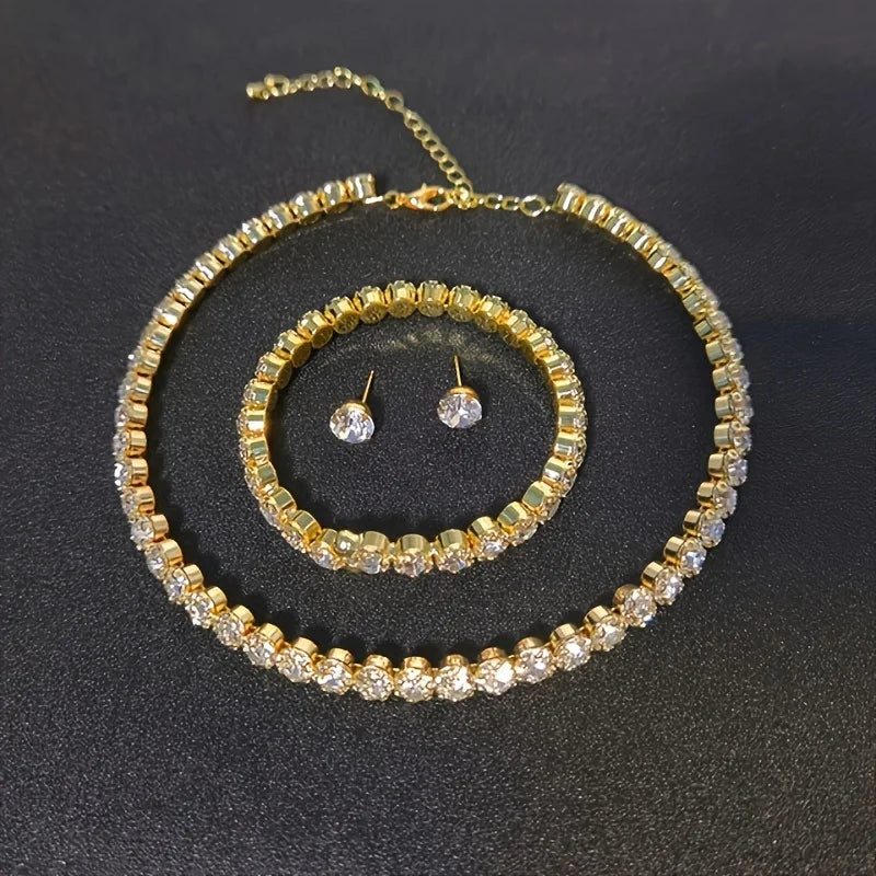 Light Luxury and Minimalist Rhinestone Necklace, Earrings, and Bracelet Are Suitable f close-up view
