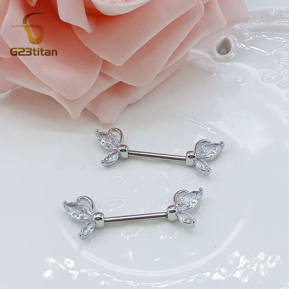 2pc Bohemia Silver Color Zircon Butterfly Nipple Rings G23 Titanium Straight Rod Boys alternate view