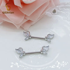 2pc Bohemia Silver Color Zircon Butterfly Nipple Rings G23 Titanium Straight Rod Boys alternate view