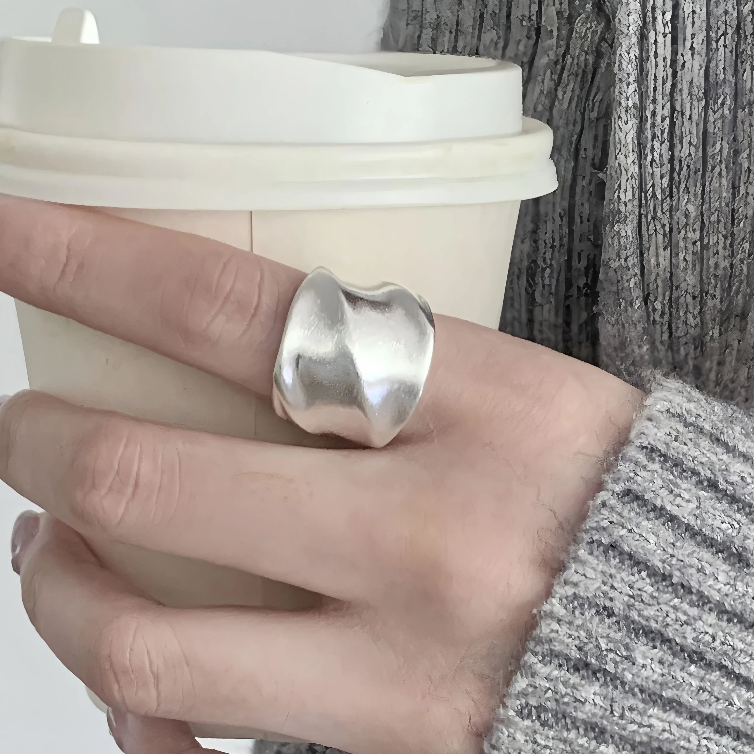 PANJBJ 925 Sterling Silver Frosting Geometry Ring for Women Wide Texture Versatile Ha alternate view