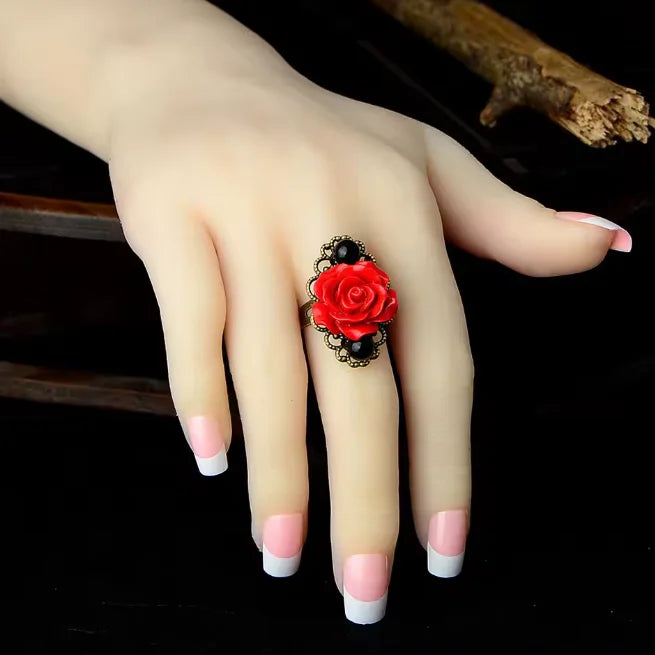 Punk Gothic Red Rose Ring Adjustable Hollow Rings for Women Witch Pagan Vintage Creative detail view