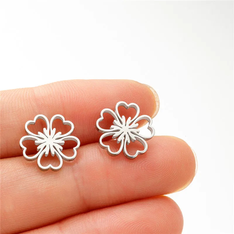 Multiple Stainless Steel Flower Stud Earrings Women Korean Daisy Mandala Rose Lotus Ea close-up view