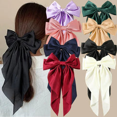 Korean Accessories Hair Clips for Women Girls Big Bowknot Solid Satin Long Ribbon Bows Spring Clamp