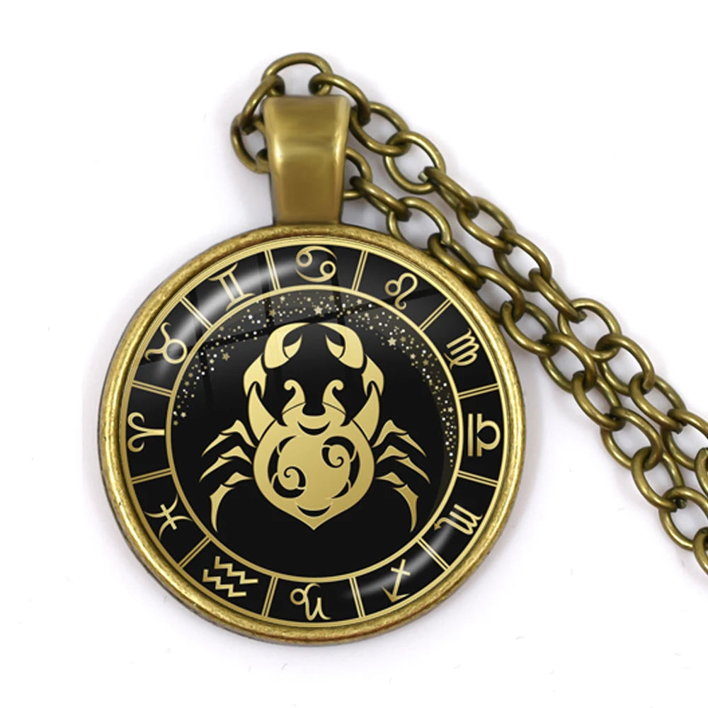 12 Constellation Zodiac Pendant Necklace | Antique Bronze Glass Dome Jewelry additional angle