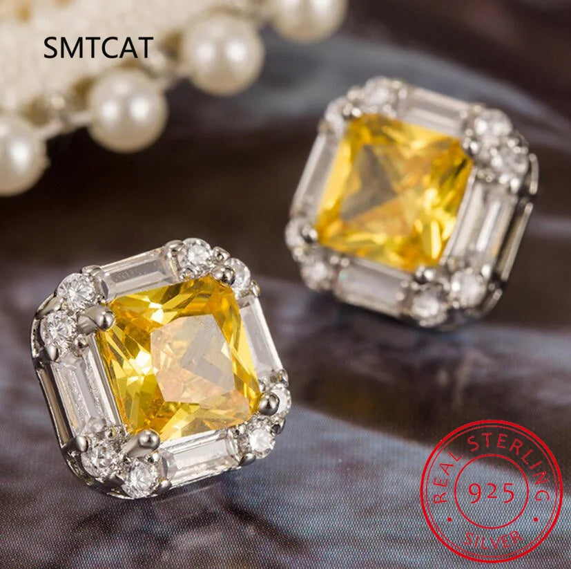 Chic 100% 925 Sterling Silver Citrine High Carbon Diamonds Gemstone Earrings Ear Stud close-up view