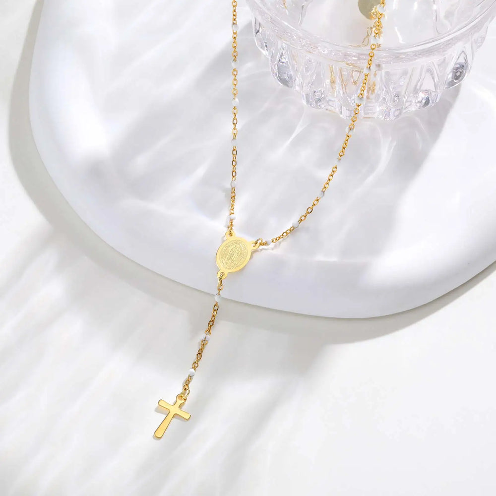 Stainless Steel Rosary Virgin Cross Drop Y-shaped Necklace,Women's White Rice Bead Ch alternate view