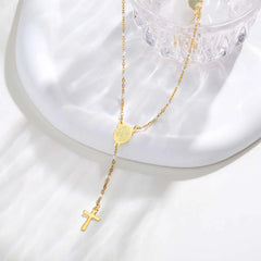 Stainless Steel Rosary Virgin Cross Drop Y-shaped Necklace,Women's White Rice Bead Ch alternate view