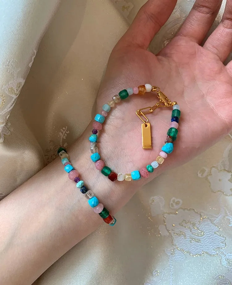 Imitate Colorful Natural Stone Beaded Necklace | Women's Sweet Fashion Jewelry Set with detail view