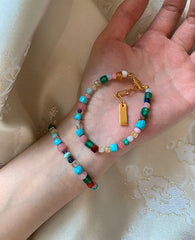 Imitate Colorful Natural Stone Beaded Necklace | Women's Sweet Fashion Jewelry Set with detail view