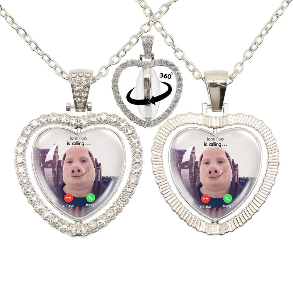 John Pork is Calling Answer Call Phone Humor Funny Pig Lover Graphic Glass Cabochon Heart-Shape Pendant Necklace Jewelry Gift