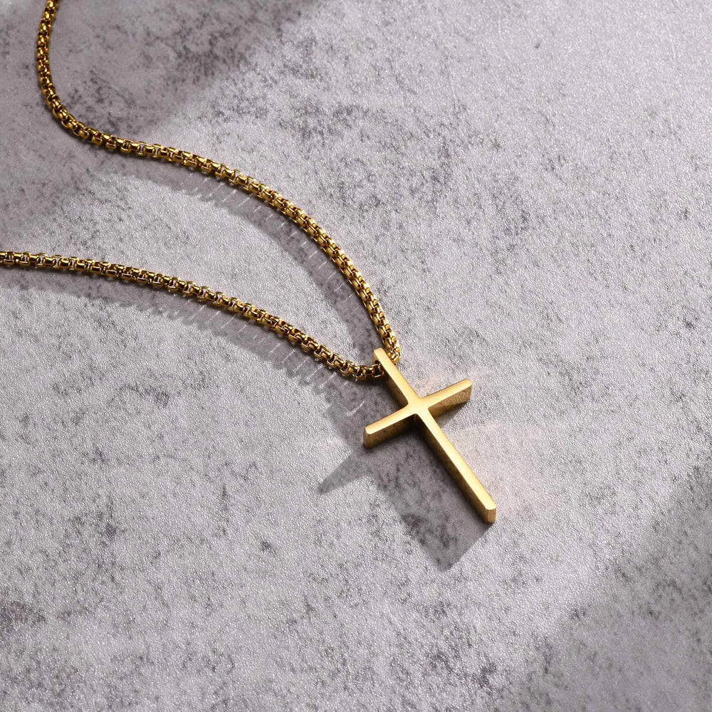 Men's Stainless Steel Layered Cross Necklace | Simple Prayer Pendant with Rope Box Chain detail view