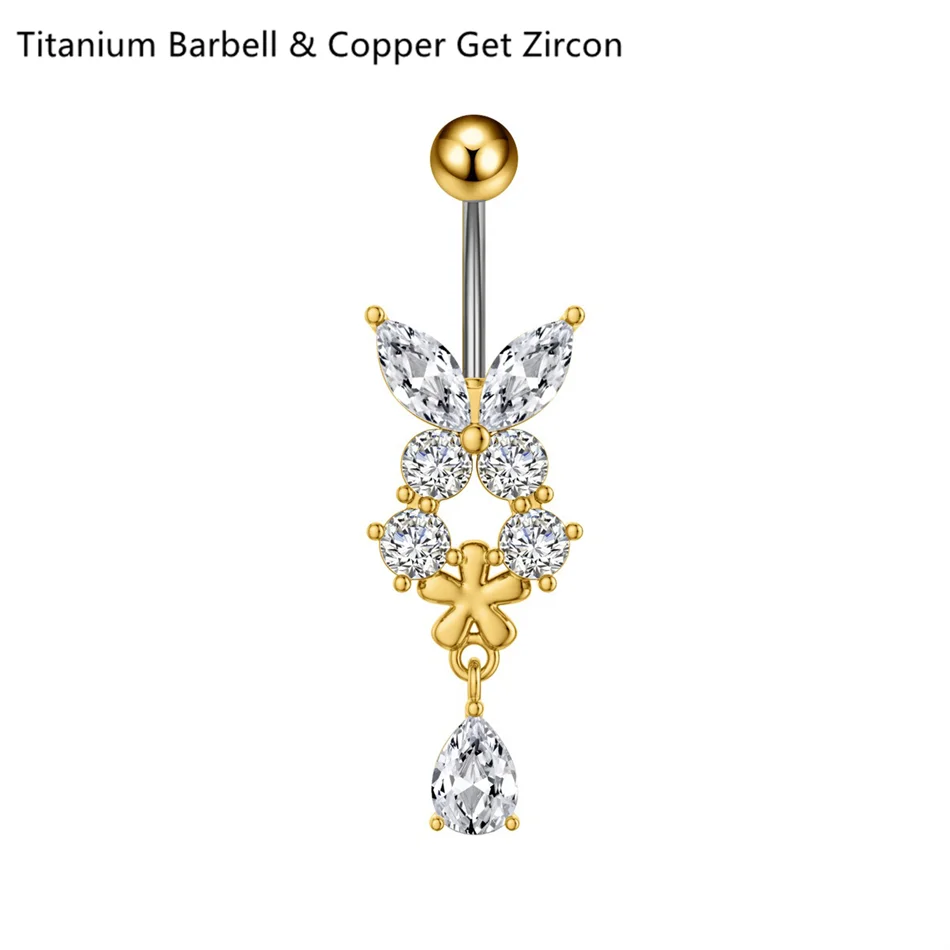 14G Crystal Heart Butterfly Dangle Belly Button Rings CZ Zircon Drop Navel Barbell Belly detail view
