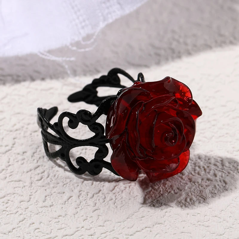 Punk Gothic Red Rose Ring Adjustable Hollow Rings for Women Witch Pagan Vintage Creative detail view