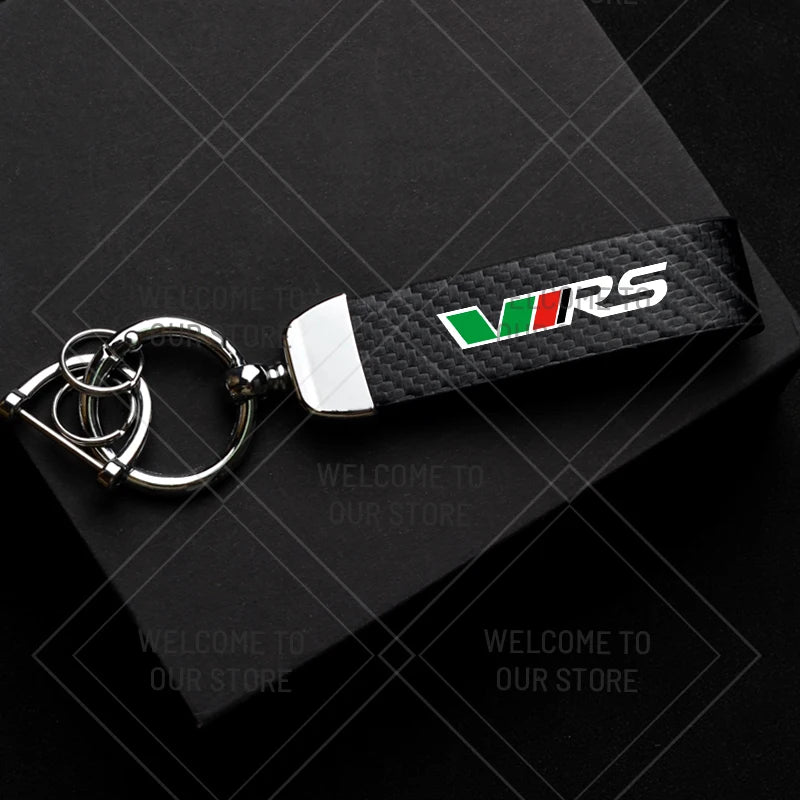 Skoda VRS Carbon Fiber Keychain | Car Emblem Key Ring for Citigo Kodiaq Yeti Rapid Fab close-up view