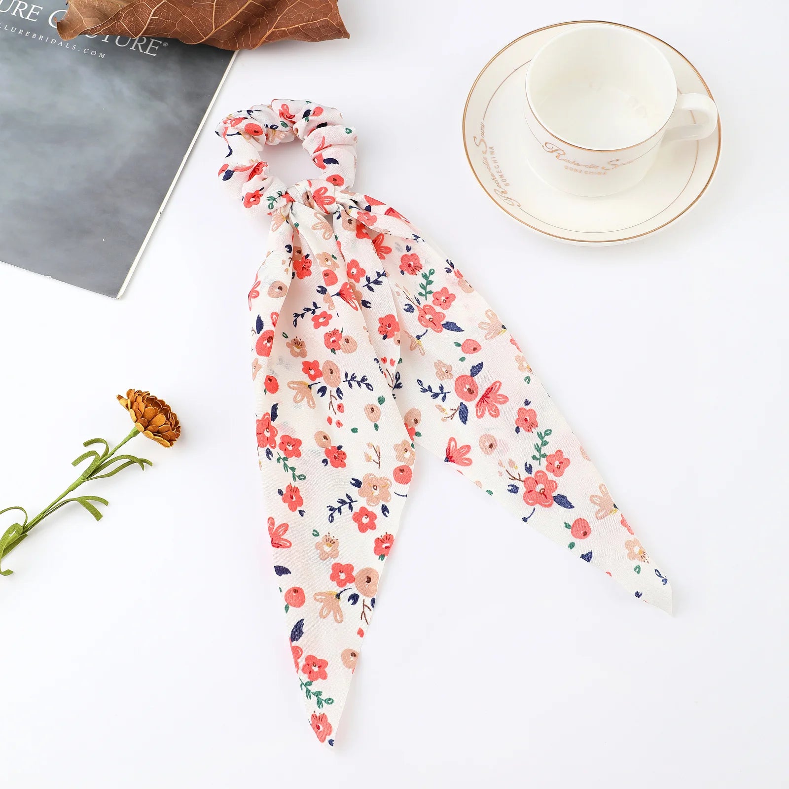 Fashion Flower Print Bow Satin Long Ribbon Ponytail Scarf Tie Scrunchies Women Girls Ela detail view