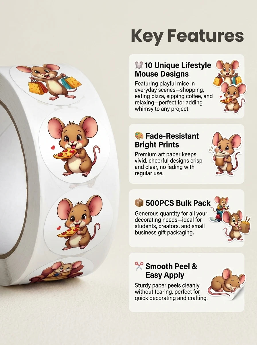 1Roll(500Pcs) Cute City Mouse Happy Life Stickers 2.5cm/1.0" 10 Designs Packaging Hom alternate view