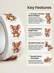 1Roll(500Pcs) Cute City Mouse Happy Life Stickers 2.5cm/1.0" 10 Designs Packaging Hom alternate view