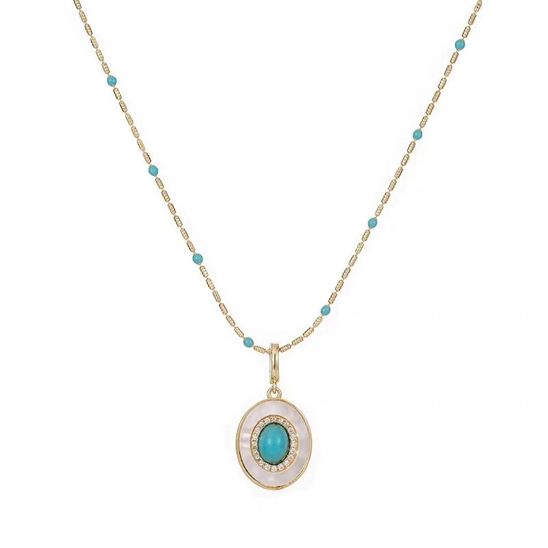 Natural Turquoise Oval Shell Pendant Necklace | Gold Chain Collarbone Jewelry additional angle