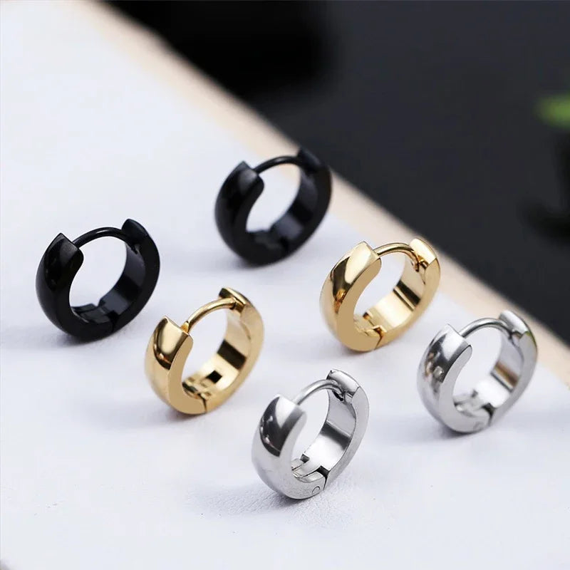 Unisex Punk Black Stainless Steel Hoop Earrings | Gothic Fake Earring Set close-up view
