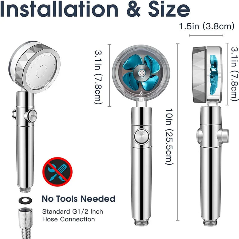 360 Degrees Rotation Turbo Fan Shower Head High Pressure Water Saving Spray Adjustable S detail view