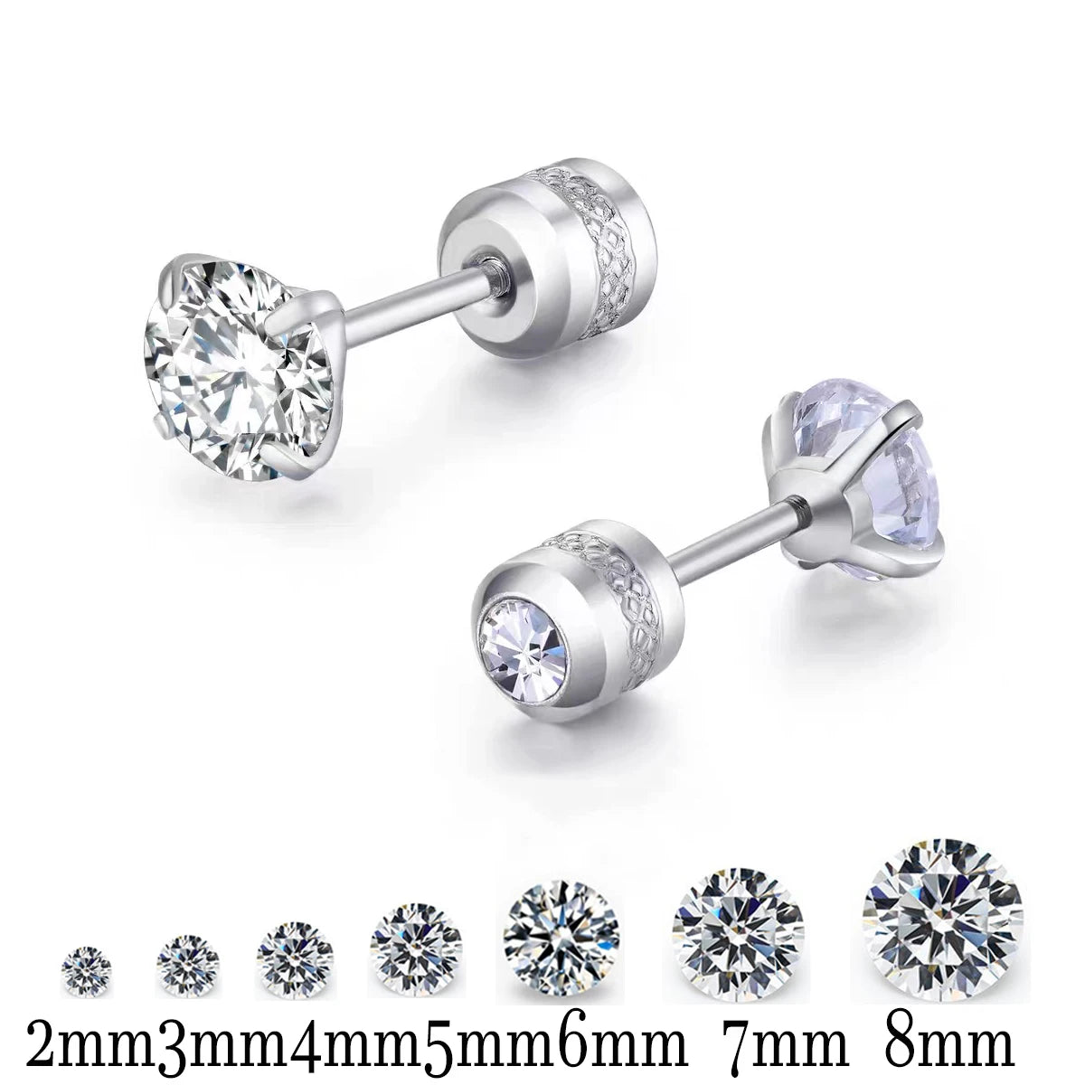 Stainless Steel Titanium Stud Earrings | 4 Color CZ Crystal Screw Back Earrings for Women