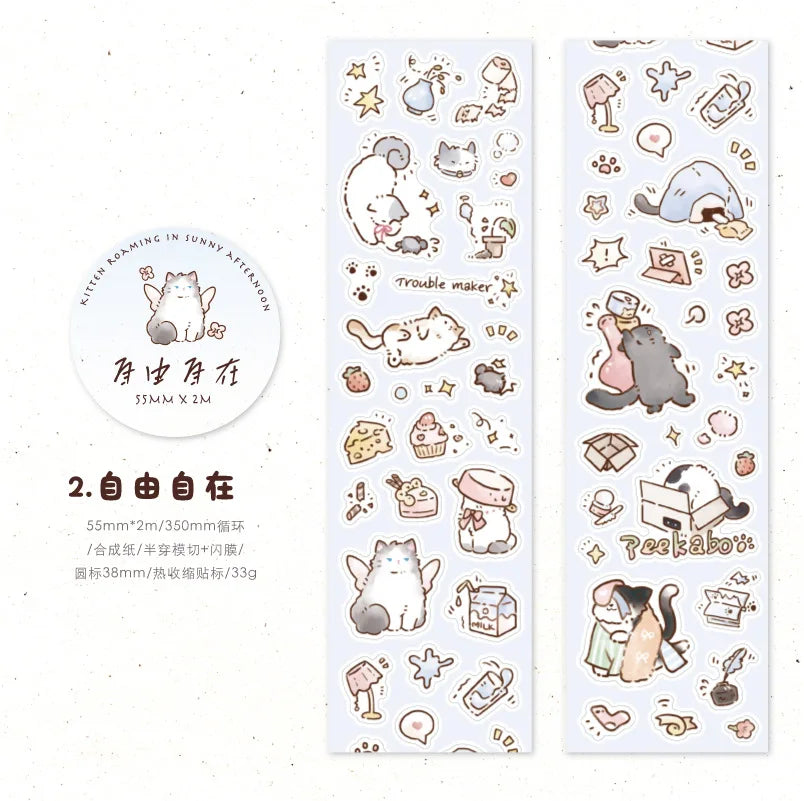 Mr. Paper, 4 Styles, Flash Film Die-cutting Tape, Cute Cat Cartoon Stickers DIY Collage Decoration Illustration Sticker Tape