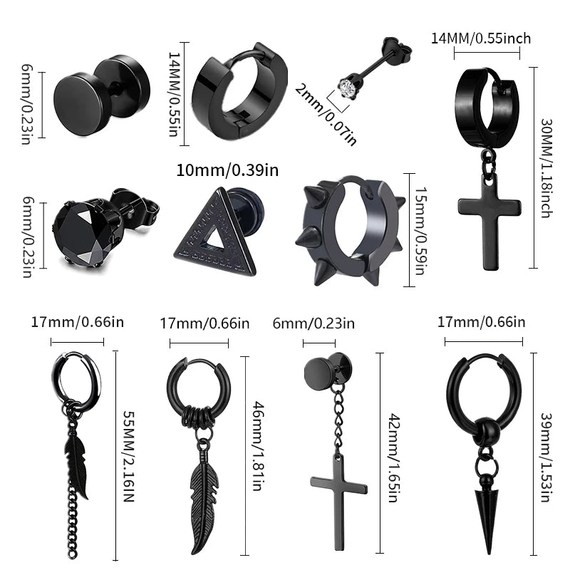 1 /11 Pairs Punk Stainless Steel Stud Earrings Black Earrings Set For Men Women Vin additional angle