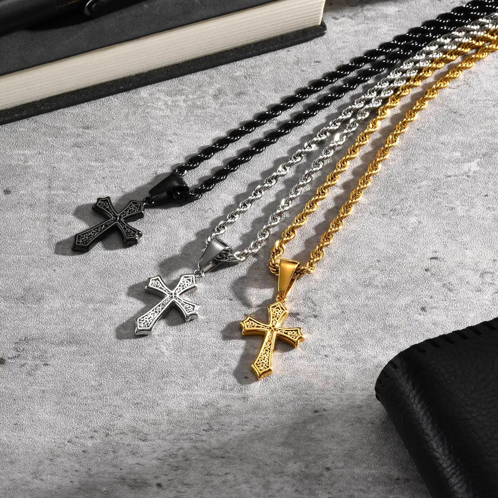 Hiphop Cross Necklace for Men Women | Stainless Steel Cross Charm Trendy Jewelry Gift close-up view