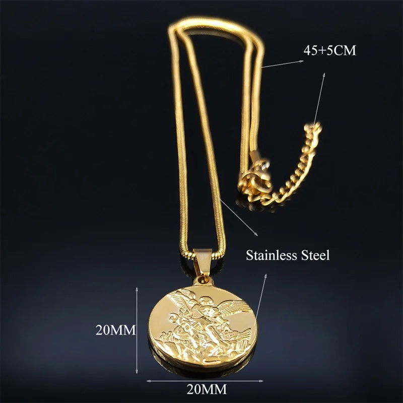 SAINT MICHAEL PROTECT US Archangel Stainless Steel Necklaces Chain Men/Women Gold C additional angle