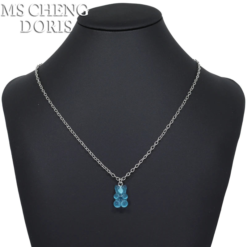 Handmade 33 Styles Colors Cute Resin Gummy Bear Chain Necklaces, Candy Color Pendant F close-up view
