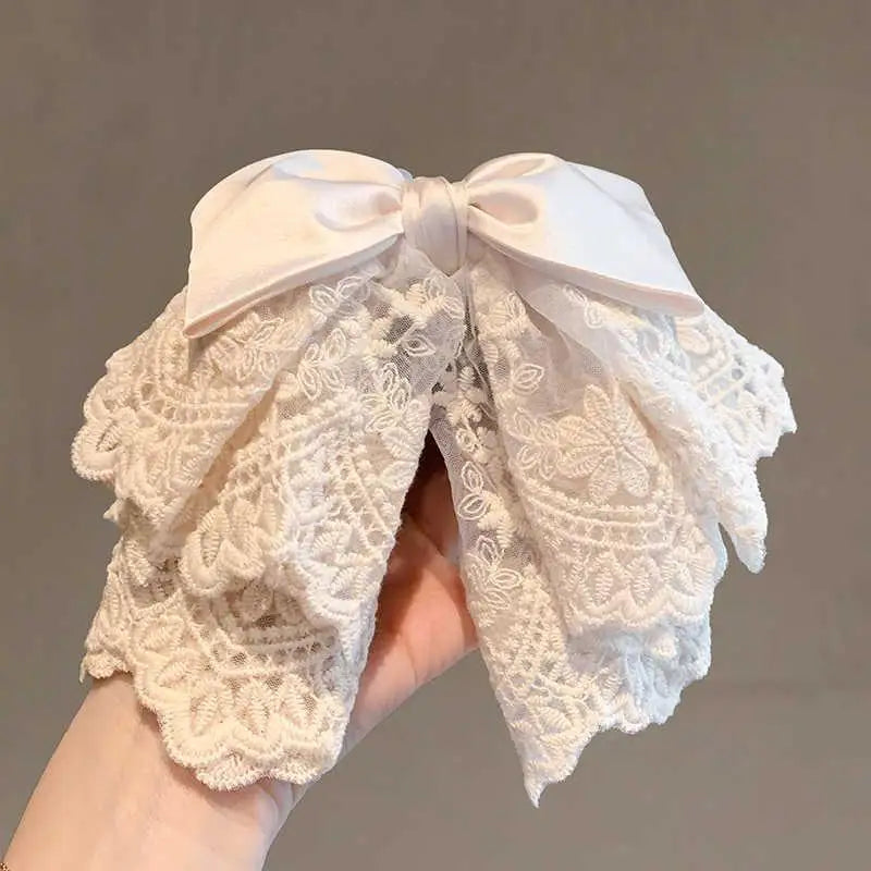 [E] French Elegant Ballet Style Lace Satin Bow Ponytail Hair Clip, Gentle And Sweet Shark Clip Hair Ornament On The Back Of Head
