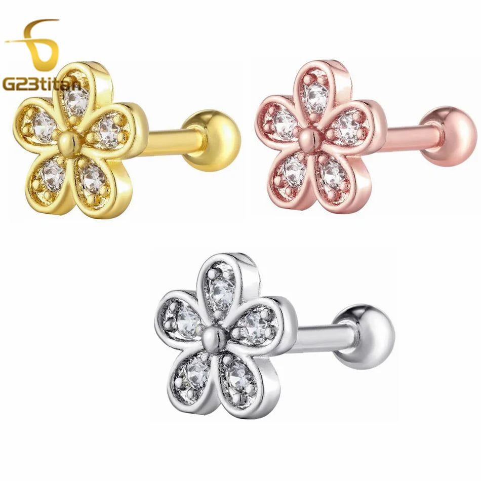 2PC Women's Flower Zircon Stud Earrings 3 Colors Engagement Wedding Jewelry for Cartilage Helix Lobe
