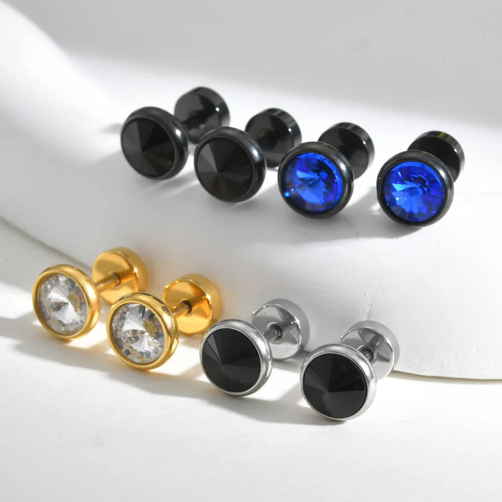 Vnox Multi-faced Cut Zircon Stone Earrings for Men, Screw Back Stud Barbell Shaped Earrings, Black S