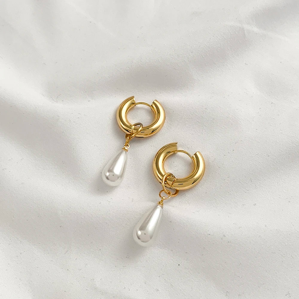 Trendy Asymmetry Pearl Drop Earrings | Stainless Steel Huggie Hoops for Women lifestyle view
